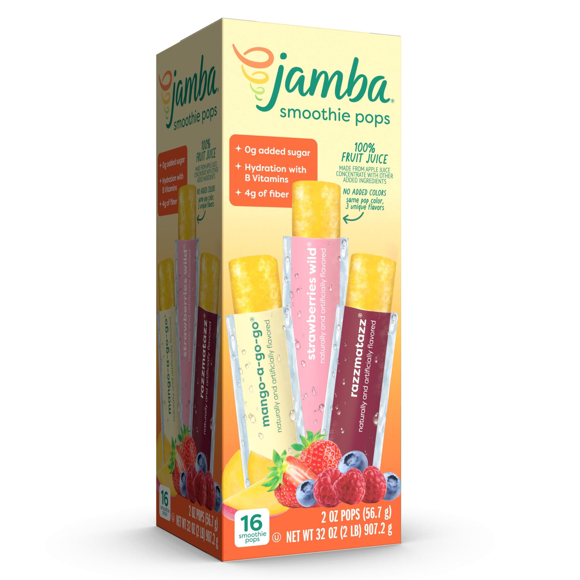 Jamba Smoothie Pops Variety Pack, 16 Count - 100% Fruit Juice Freezer Pops, No Added Sugar, or Colors, 4g Fiber per Serving - Ma