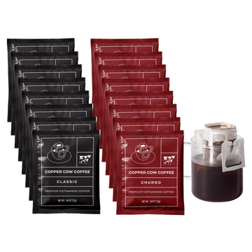 Copper Cow Coffee Vietnamese Pour Over Coffee - Single-Serve And All-Natural Pre-Filled Coffee Filters - Classic, Churro Flavors