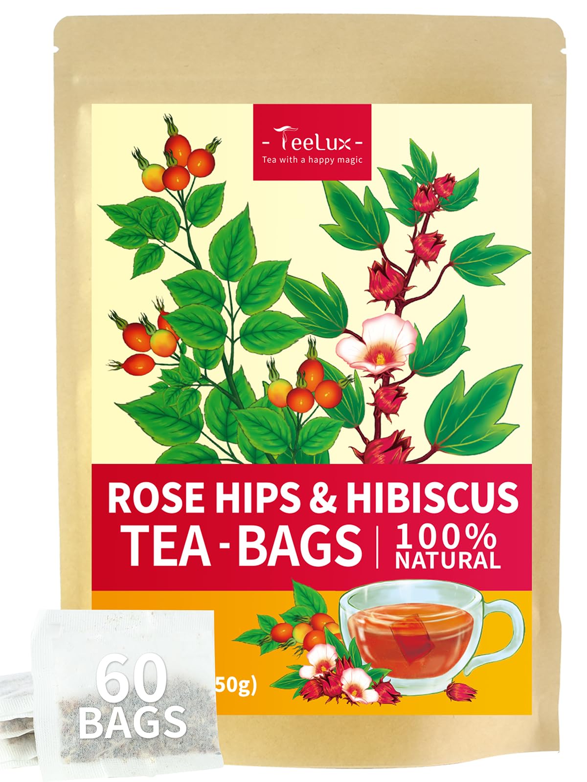 TeeLux Rosehip & Hibiscus Tea Bags, Caffeine Free, Slightly Tart & Fruity, 60 Count