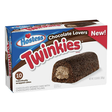Hostess Chocolate Cake Twinkies, 10-Count Individually Wrapped Chocolate Sponge Cake Snack with Creamy Filling, Mini Cakes for O