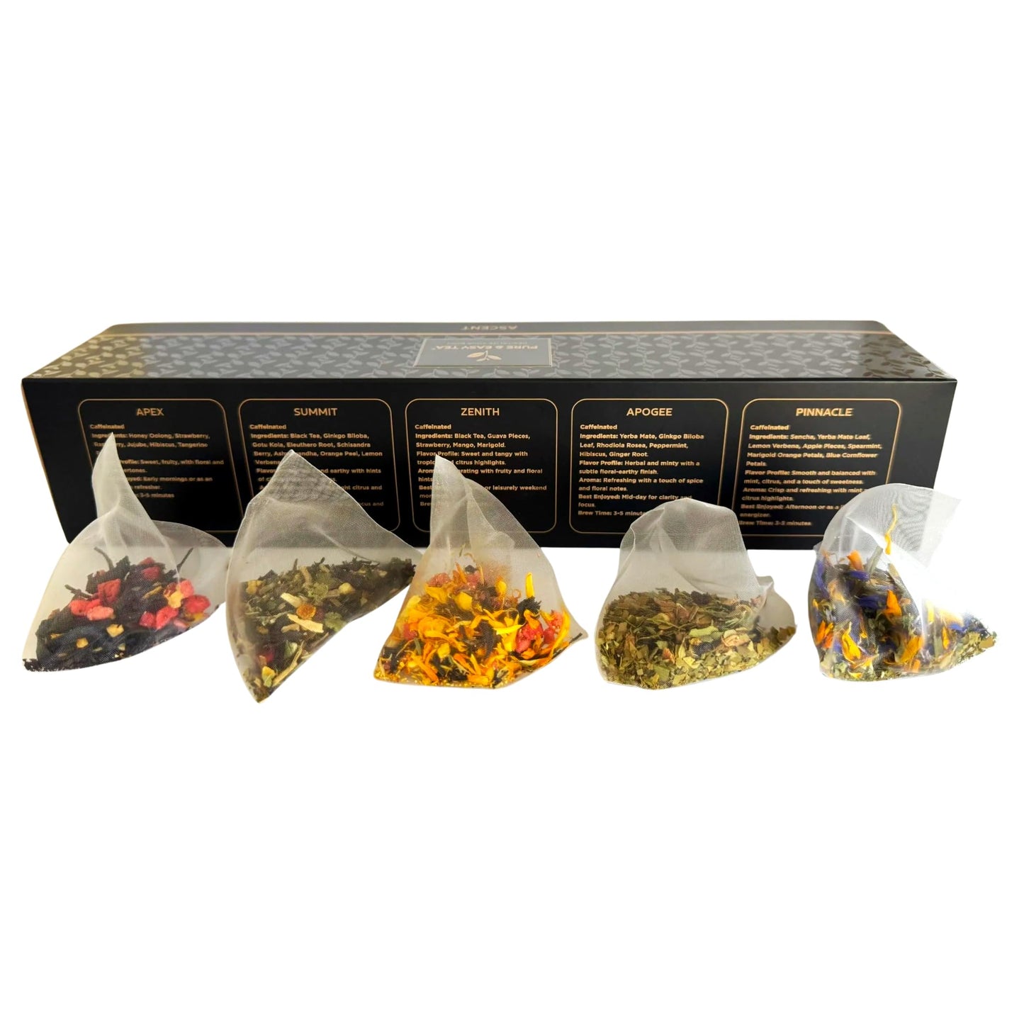 Pure And Easy Tea, Ascent Enhanced Tea Sampler, 15-Count Variety With 5 Caffeinated Flavors, Natural Loose Leaf Blends In Bpa-Free Pyramid Bags, Gift Box, 52.5G