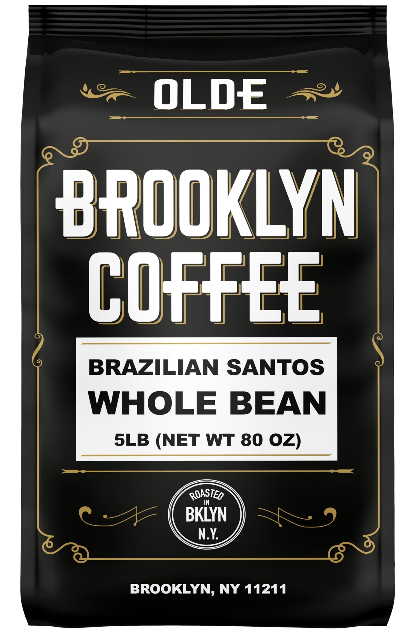 BROOKLYN COFFEE Whole Bean, Brazilian Santos Medium Roast (5lb) American, Breakfast, Classic - Fresh Bulk Coffee Beans Roasted W