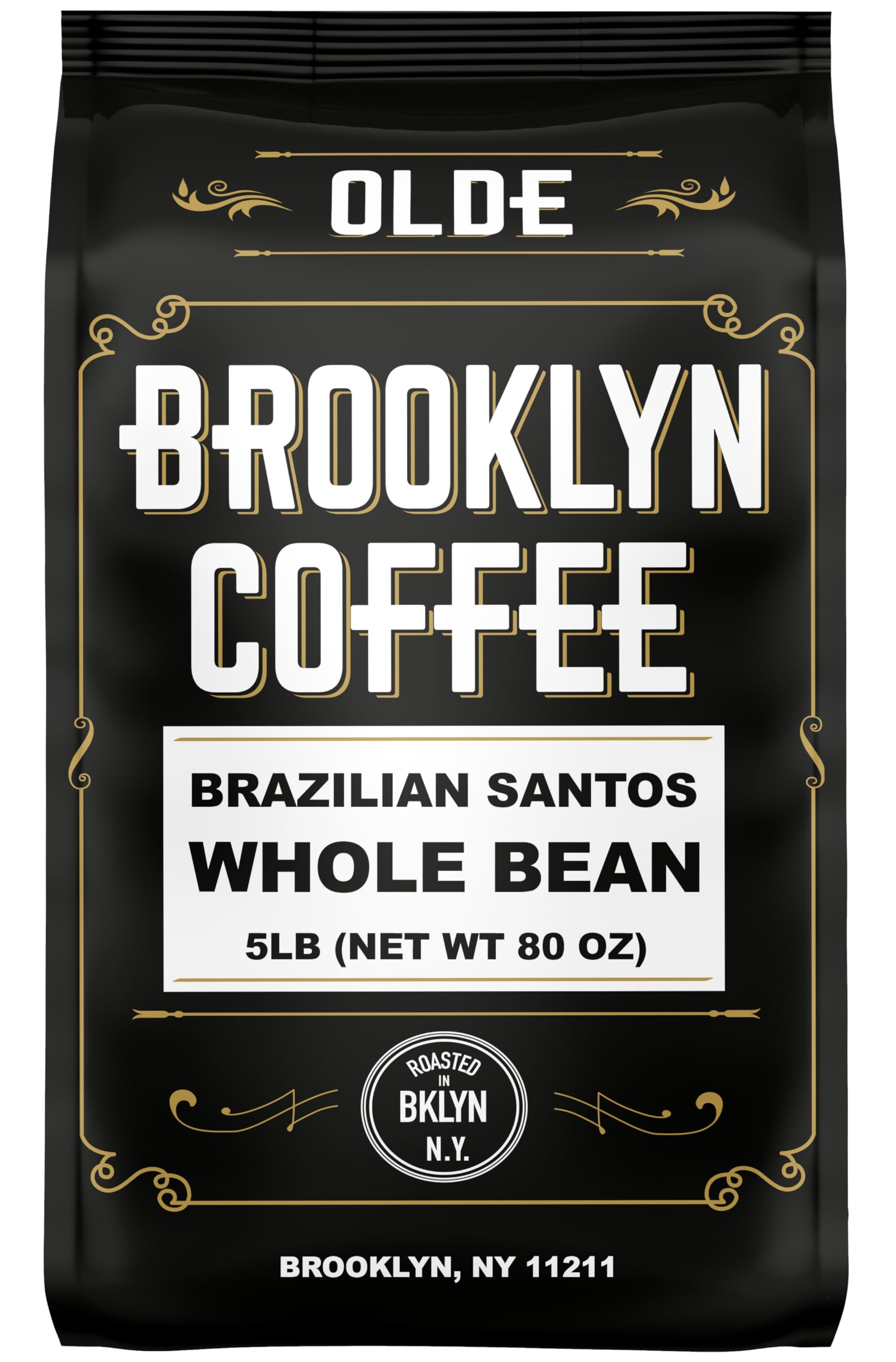 BROOKLYN COFFEE Whole Bean, Brazilian Santos Medium Roast (5lb) American, Breakfast, Classic - Fresh Bulk Coffee Beans Roasted W