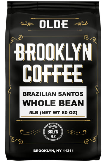 BROOKLYN COFFEE Whole Bean, Brazilian Santos Medium Roast (5lb) American, Breakfast, Classic - Fresh Bulk Coffee Beans Roasted W