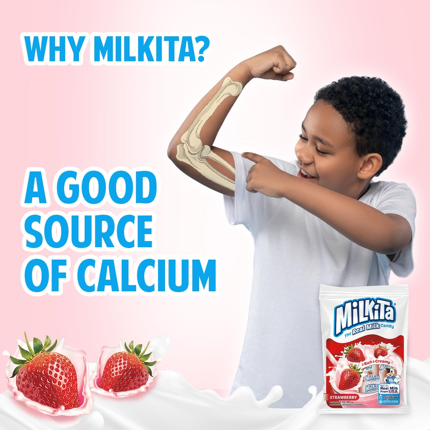 Milkita The Real Milk Candy Bag, Gluten Free Chewy Candies with Calcium & Real Milk, Zero Trans Fat, Low-Sugar, Strawberry Flavo