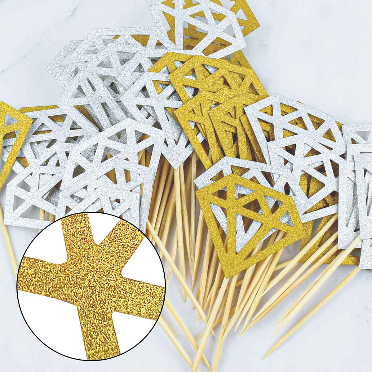 yuntop 60 Pack Glitter Diamond Cupcake Toppers, Silver & Gold, Bamboo Material, Perfect for Weddings & Parties