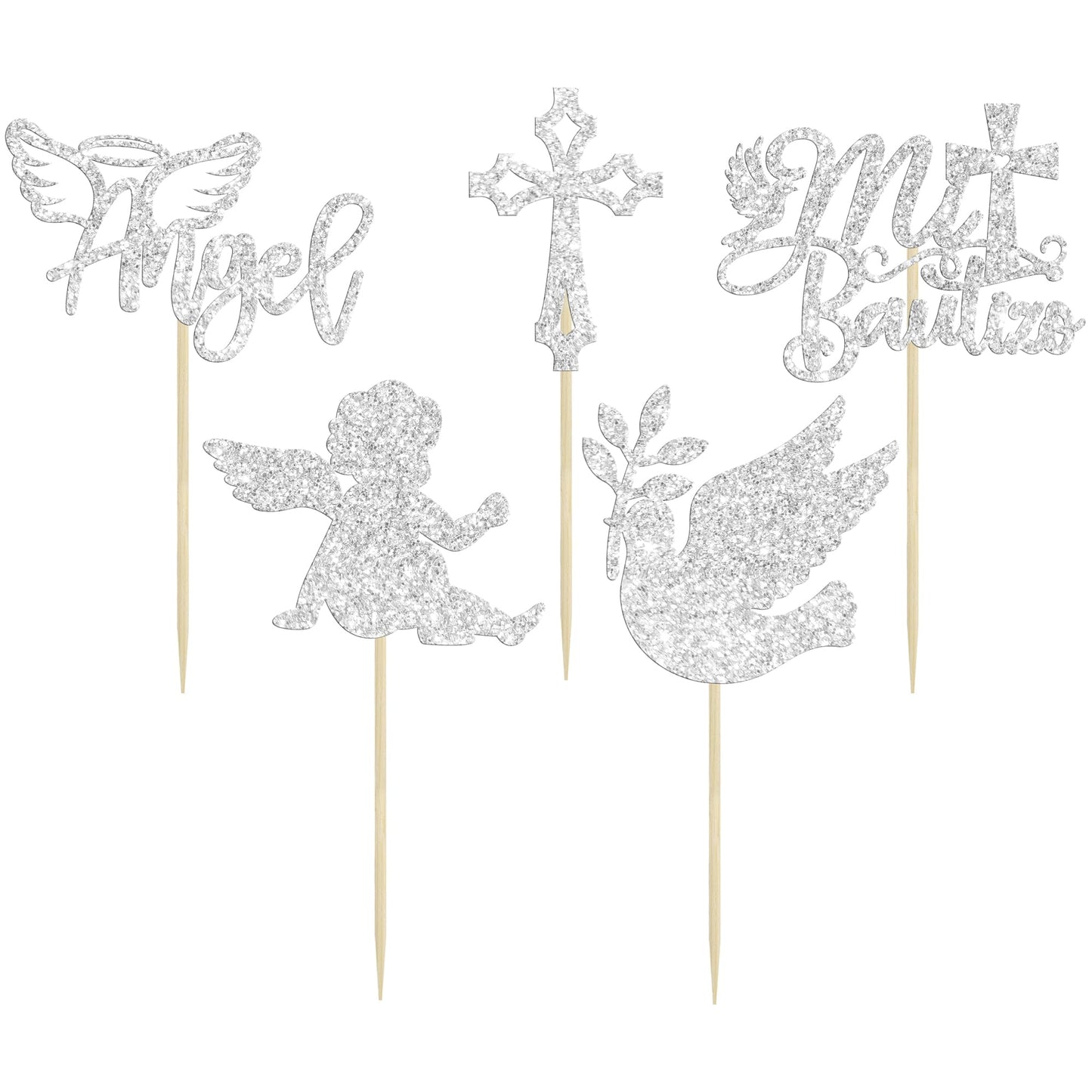 Gyufise 30Pcs Mi Bautizo Cupcake Toppers Silver Glitter Cross Angel Dove Cupcake Toppers Angel Religious God Bless Cupcake Picks