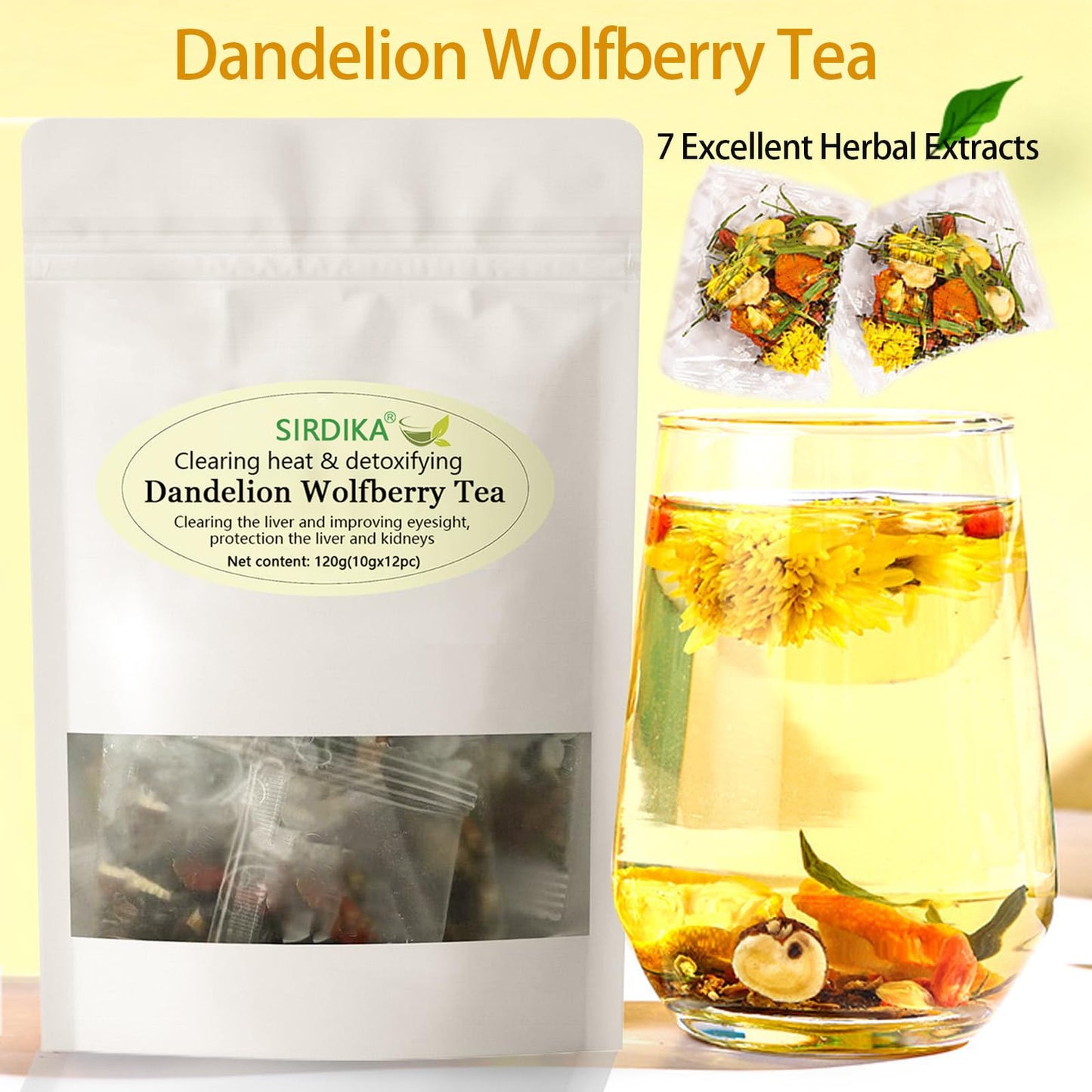 Dandelion Wolfberry Tea - Kidneys & Liver Health Tea, Seven Herbal Ingredients Natural Blend, Dandelion Chinese Wolfberry Tea Bags Organic 120G/12Pc (2Bag(24Pcs))