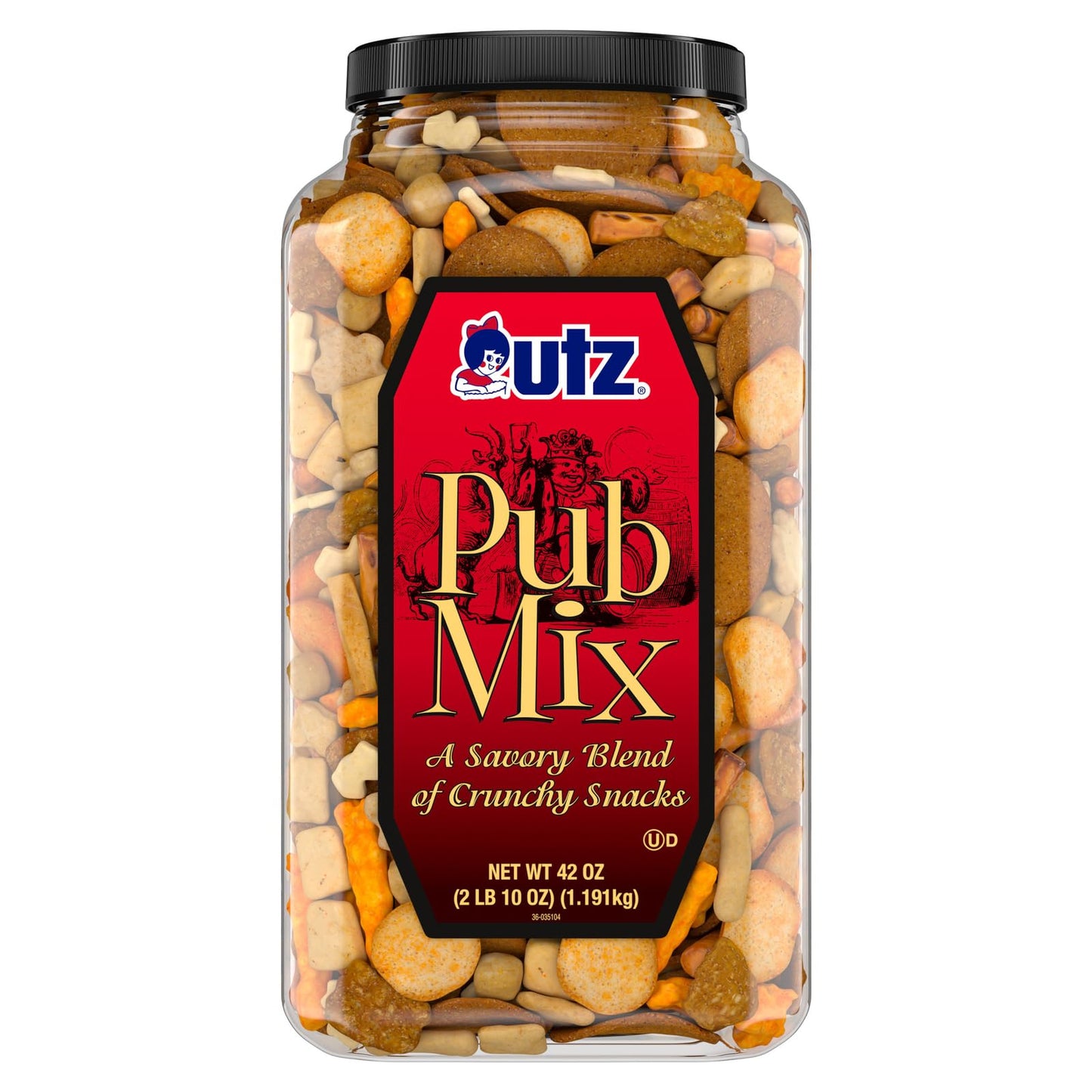 Utz Pub Mix, 42 Oz. Barrel, Savory Snack Mix With A Blend Of Crunchy Flavors For A Tasty Party Snack, Resealable Container, Tran