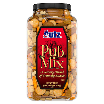 Utz Pub Mix, 42 Oz. Barrel, Savory Snack Mix With A Blend Of Crunchy Flavors For A Tasty Party Snack, Resealable Container, Tran
