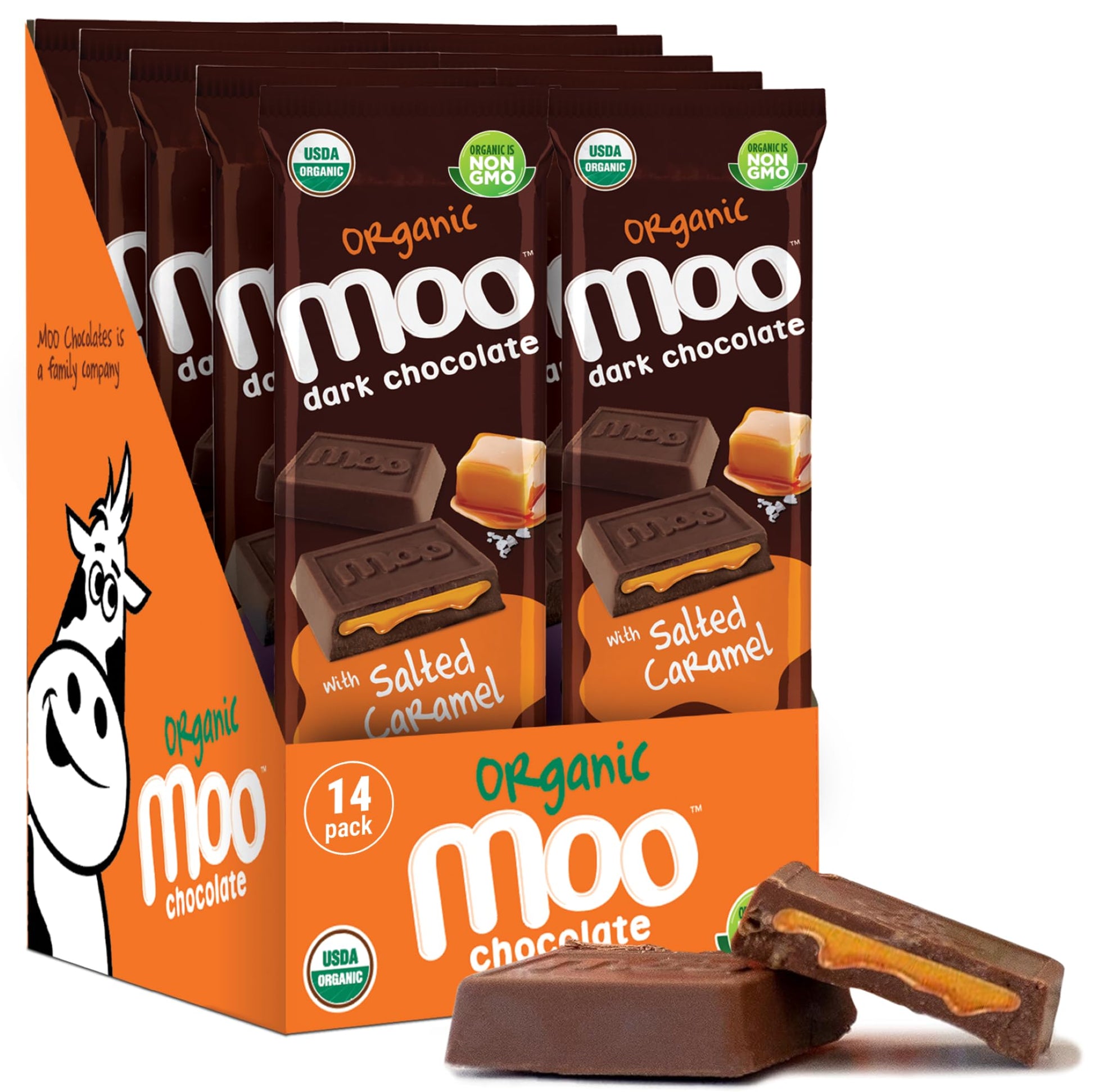 Moo Chocolates Organic Dark Chocolate Large Bars with Salted Caramel 1.4 oz, 14 ct (Pack of 1) | USDA Organic, Non-GMO | 100 Cal