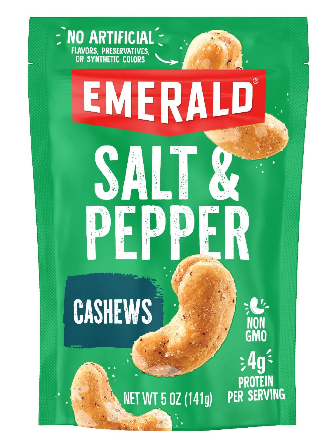 Emerald Nuts, Salt and Pepper Cashews, Stand Up Resealable Bag, 5 Ounce