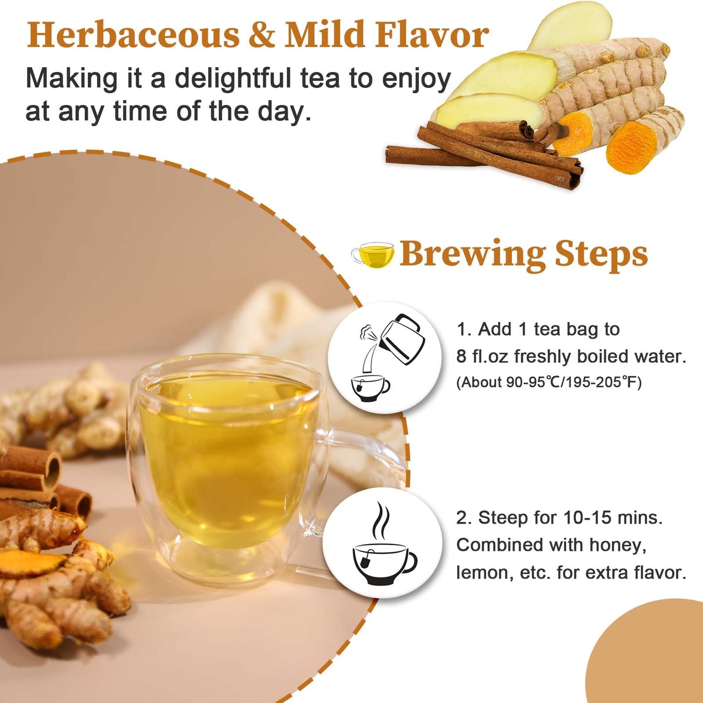 FullChea Turmeric Ginger Cinnamon Tea Bags - 50 Count, Non-GMO, Caffeine-Free, Aid Digestion & Boost Immunity