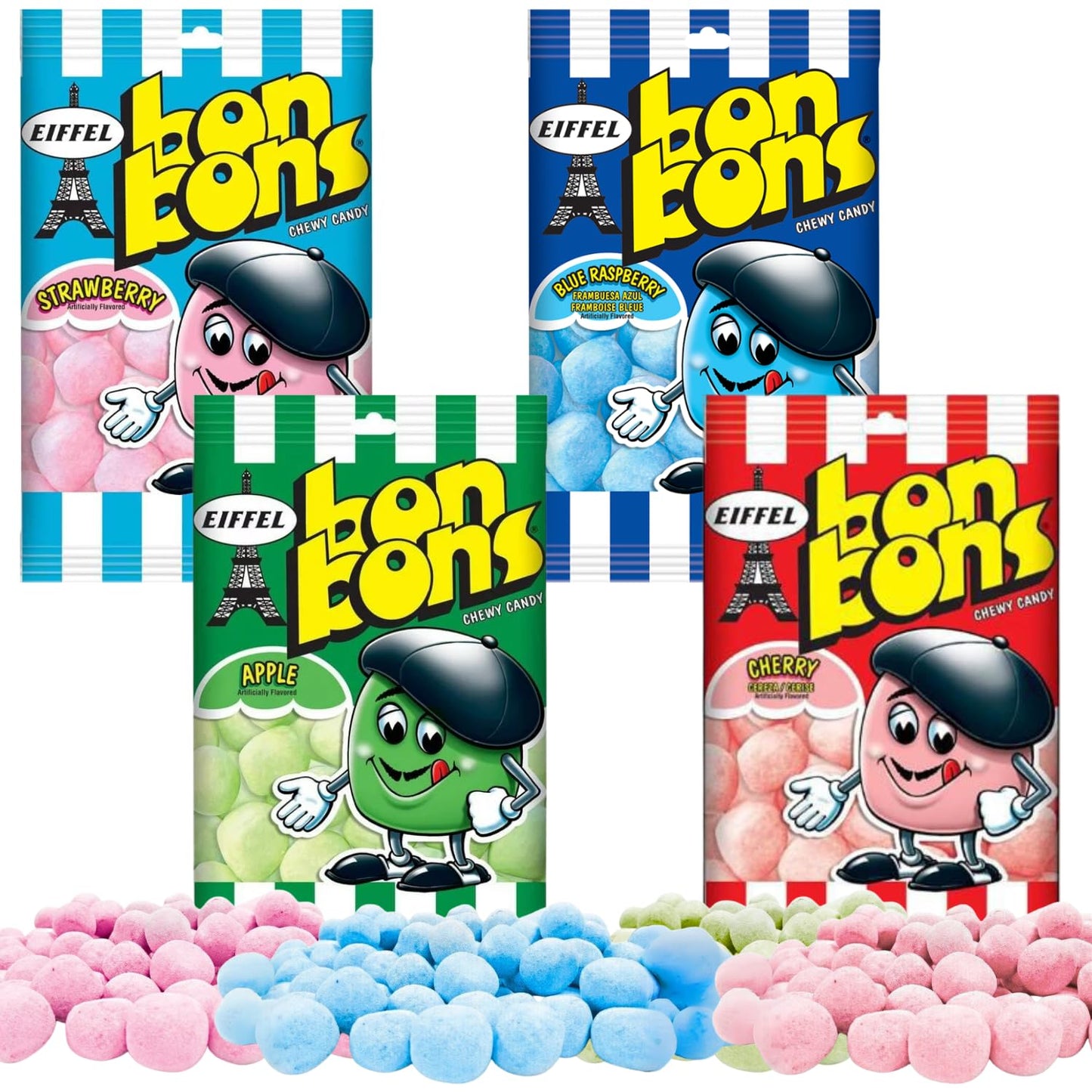 Eiffel Bon Bons Variety 4 Pack - Strawberry, Blue Raspberry, Apple, Cherry- 4 oz bags Gift Assortment Set - Chewy French Candy S