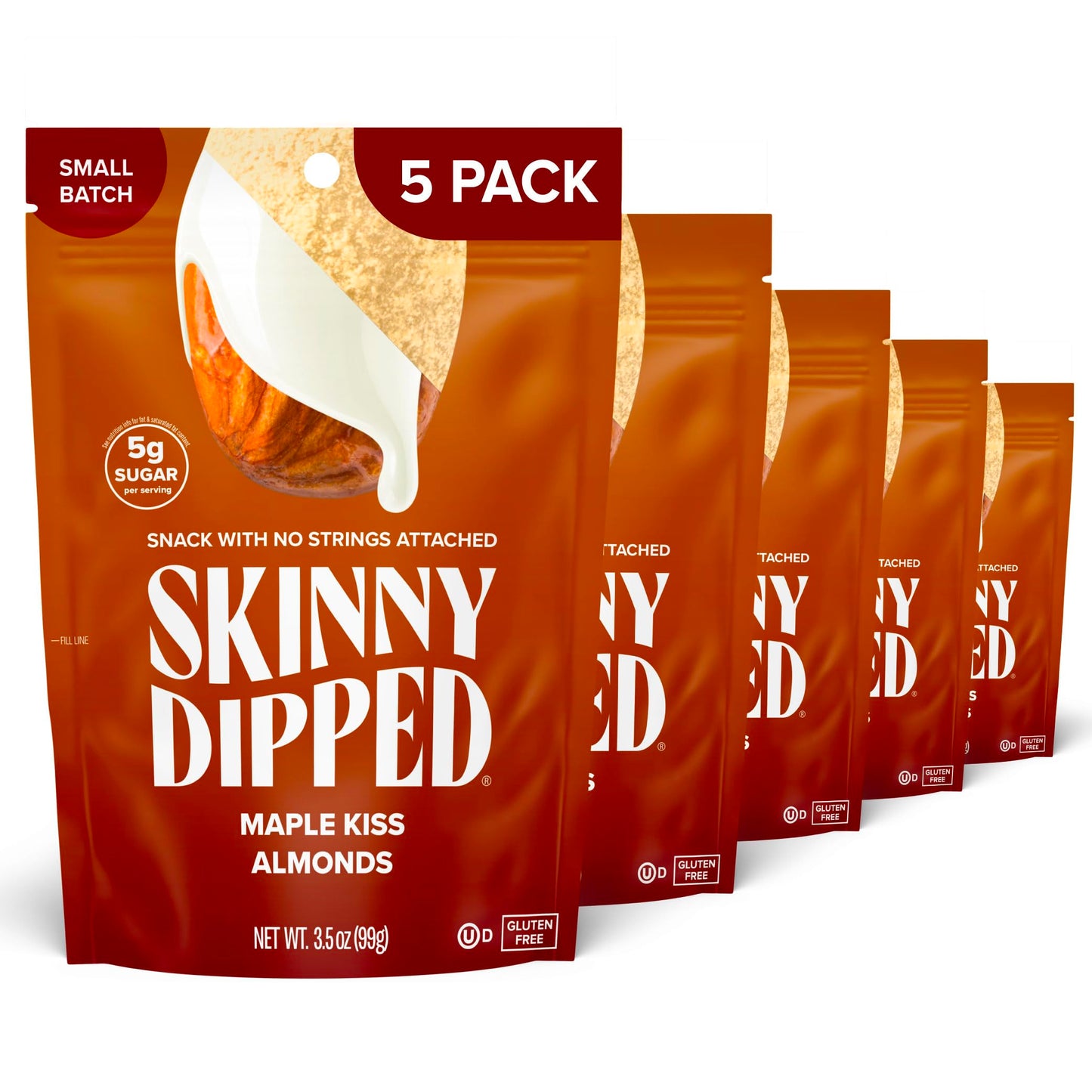 Skinnydipped Maple Kiss Almonds, Healthy Snack, Plant Protein, Gluten Free, 3.5 Oz Resealable Bags, Pack Of 5, Limited Edition