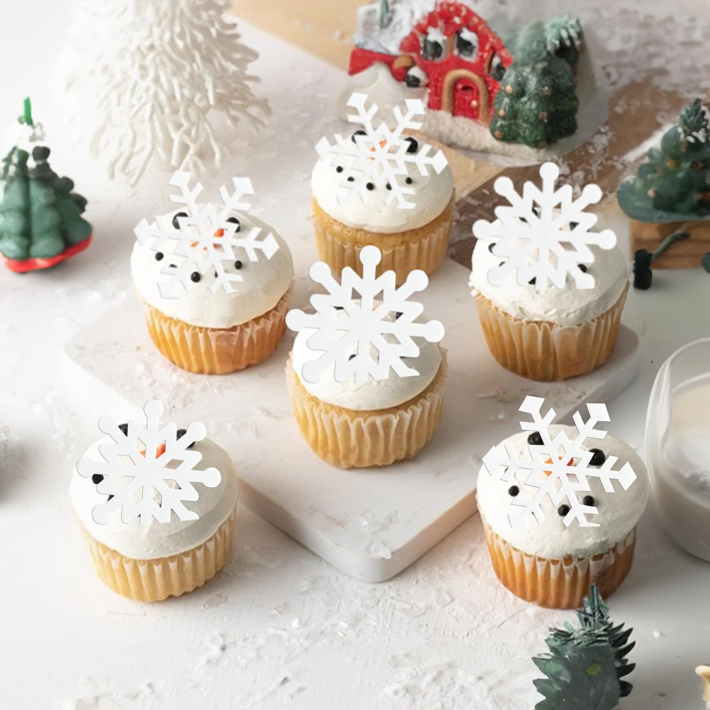 Gyufise Edible Snowflakes Cupcake Toppers - 60Pcs Wafer Paper Sprinkles for Christmas - 1.7 inches - White