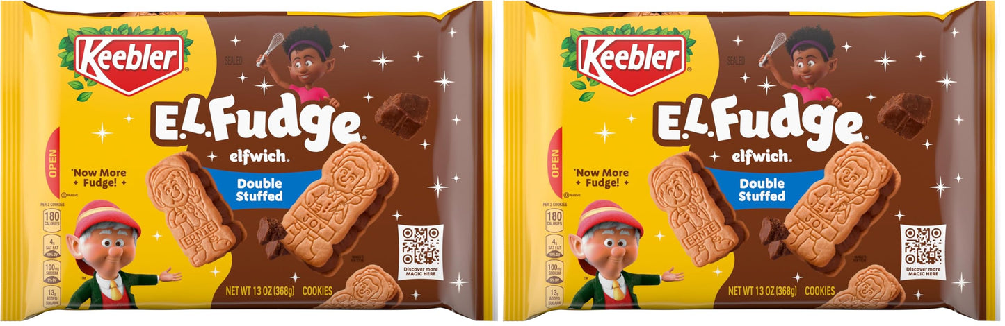 Keebler E.L. Fudge Double Stuffed Elfwich Cookies, Sandwich Cookies Stuffed with Crme Filling, 13 oz (Pack of 2)