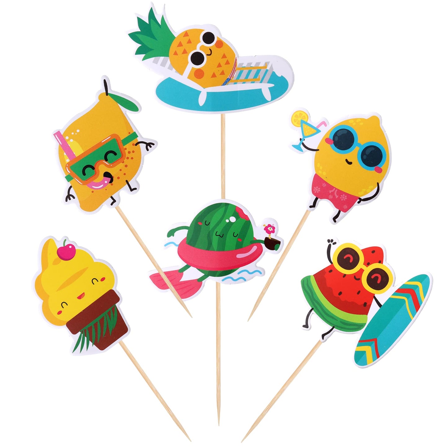 36 Pcs Tropical Beach Luau Cupcake Toppers Fruit Watermelon Pineapple Ice Cream Lemon Cupcake Picks For Summer Hawaiian Luau Tro