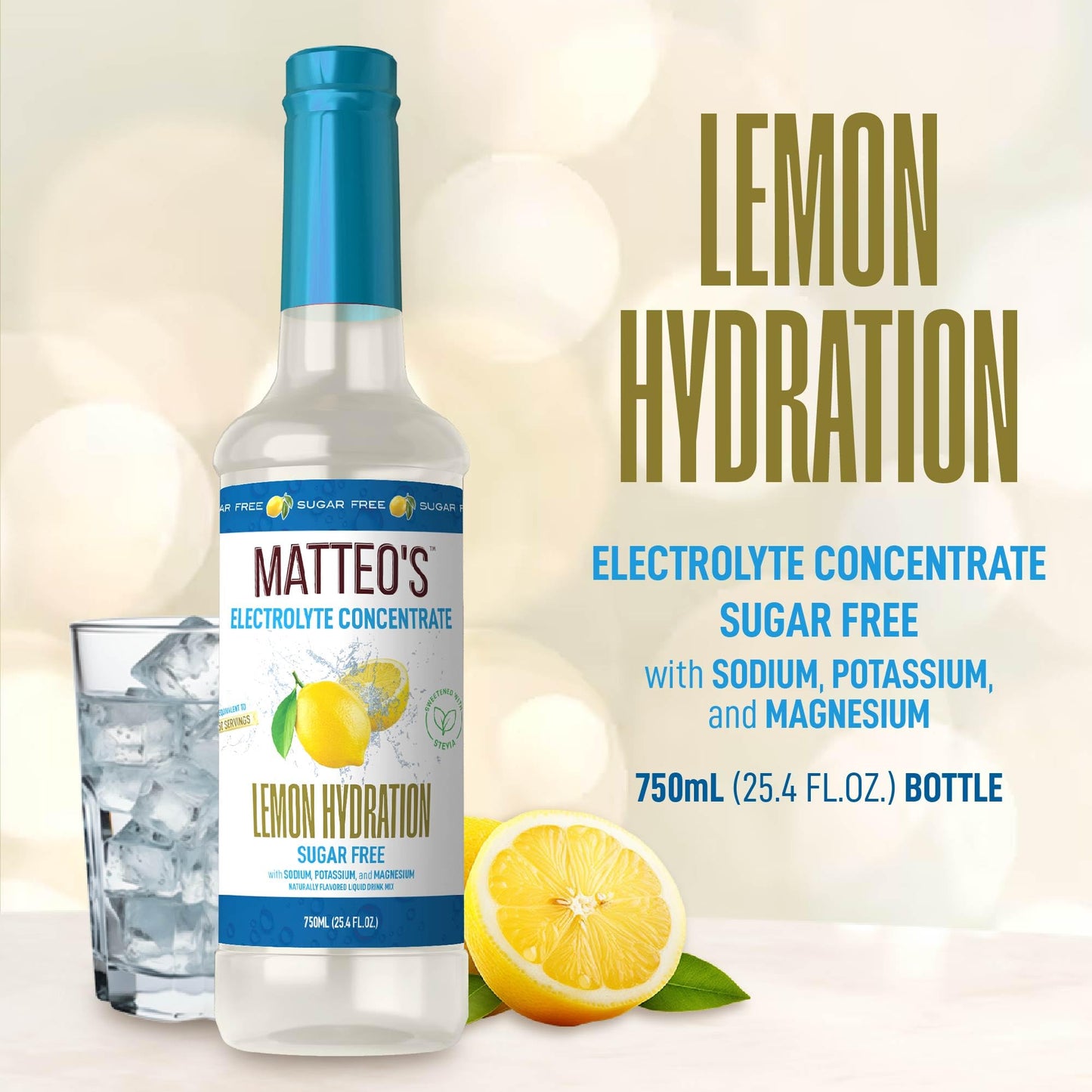 Matteos Hydration Concentrate - Sugar-Free Electrolyte Drink, Lemon Flavor, 25.4 Fl Oz, Pack of 6