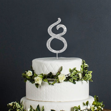 Number Cake Topper 8, Uniideco Silver Rhinestone Premium Metal Bling Bling Cake Decor, Sparkly Happy Birthday Wedding Anniversar