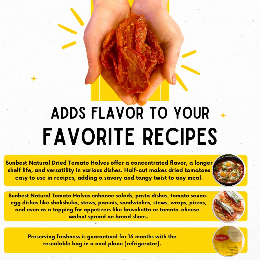 Sunbest Natural - Sun-Dried Tomato Halves, 80 Oz (5 Lbs) - Intense And Zesty | Moist & Ready To Eat | Convenient Cut For Easy Use | Kosher | Vegan | Keto | Paleo | Naturally Gluten-Free, 5 Lbs