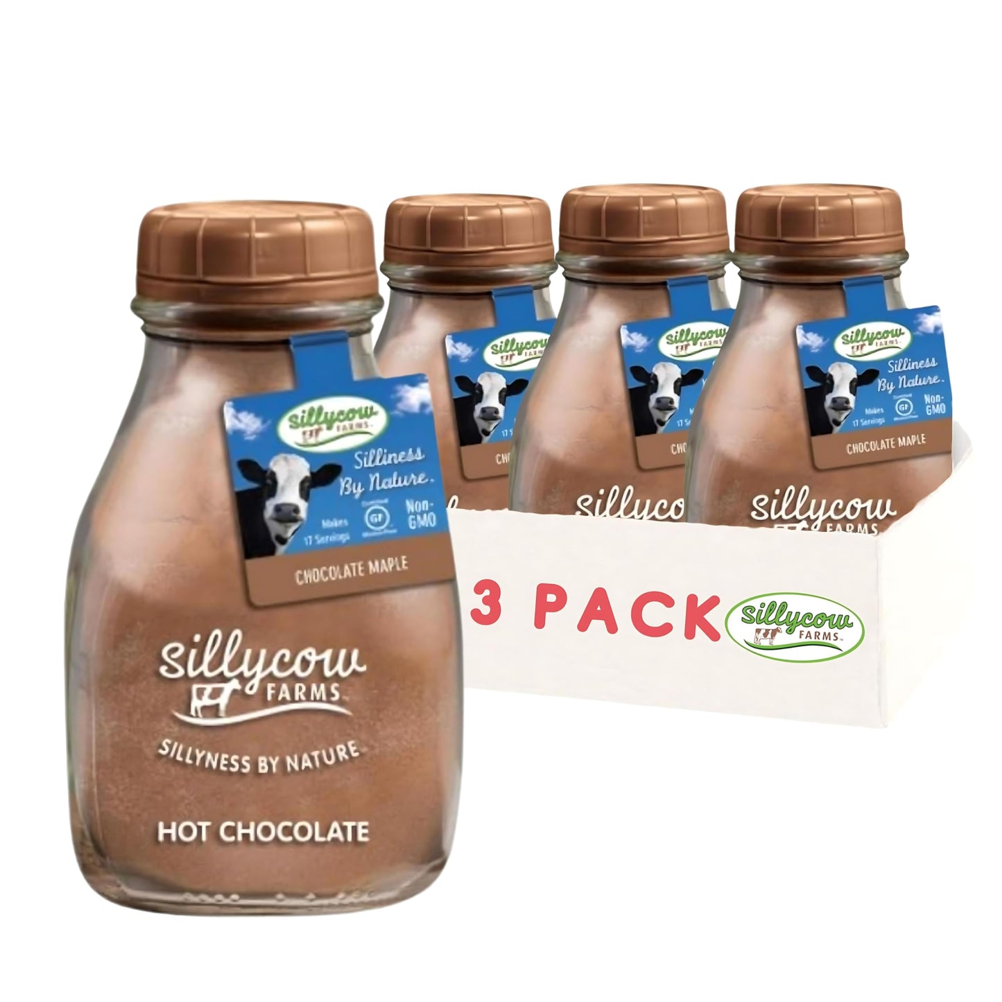 Silly Cow Farms Maple Hot Chocolate Mix, Gluten-Free, Dairy-Free, 1.05 lb (Pack of 3), Brown Glass Bottle