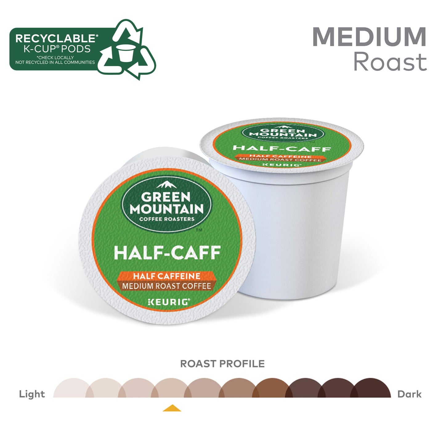 Green Mountain Coffee Roasters Half Caff K-Cup Pods, Medium Roast, 72 Count, Green, Model 5000054102
