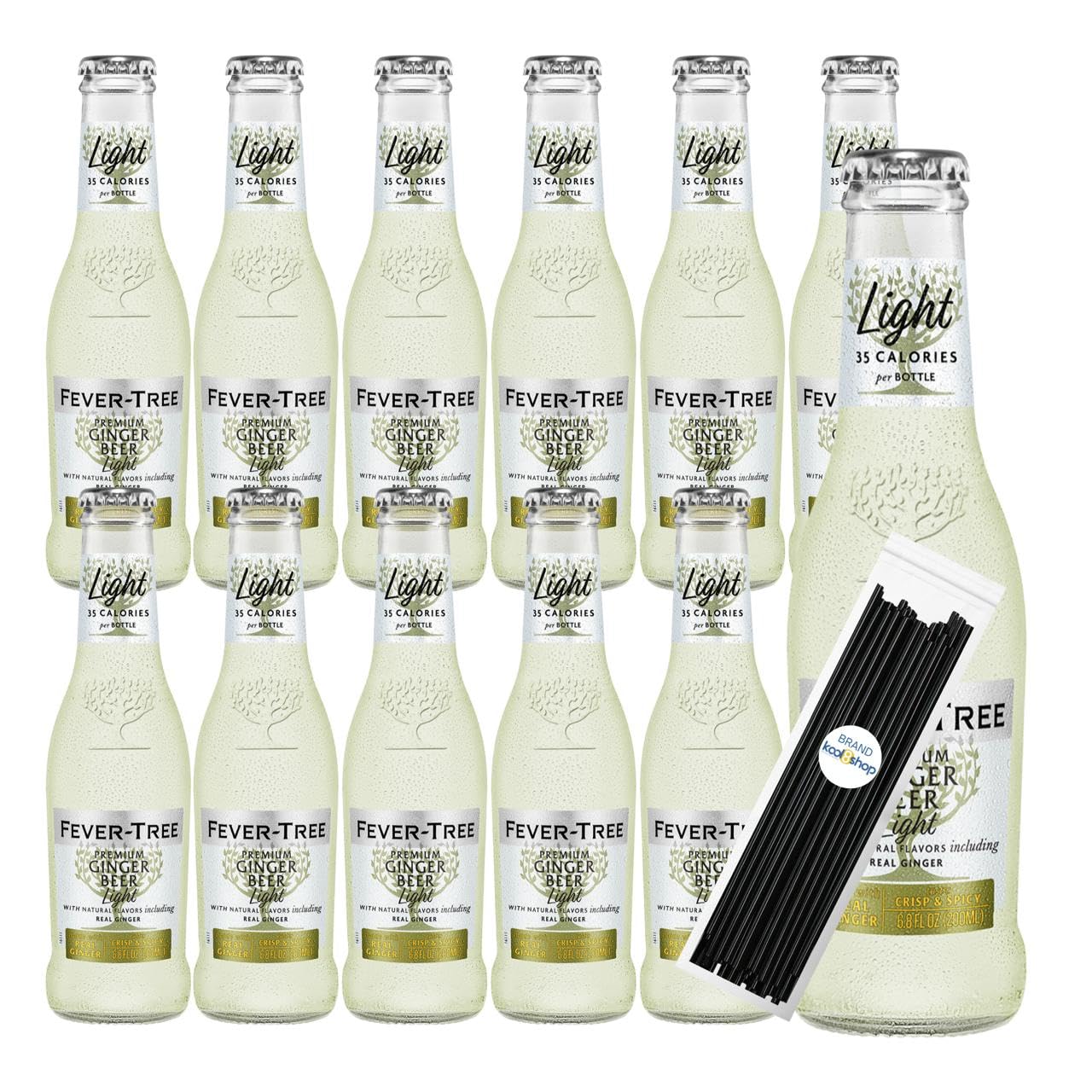 Fever-Tree Ginger Beer Light Premium Mixer 12 Pack with 20 Plastic Stirrer Sticks