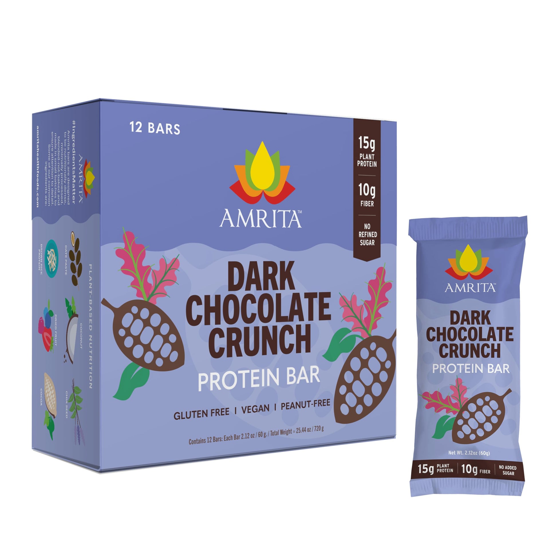 Amrita Dark Chocolate Quinoa Vegan Protein Bars, Peanut/Dairy Free, Soy & Gluten Free - 15G Plant Based Protein Bars, High Fiber