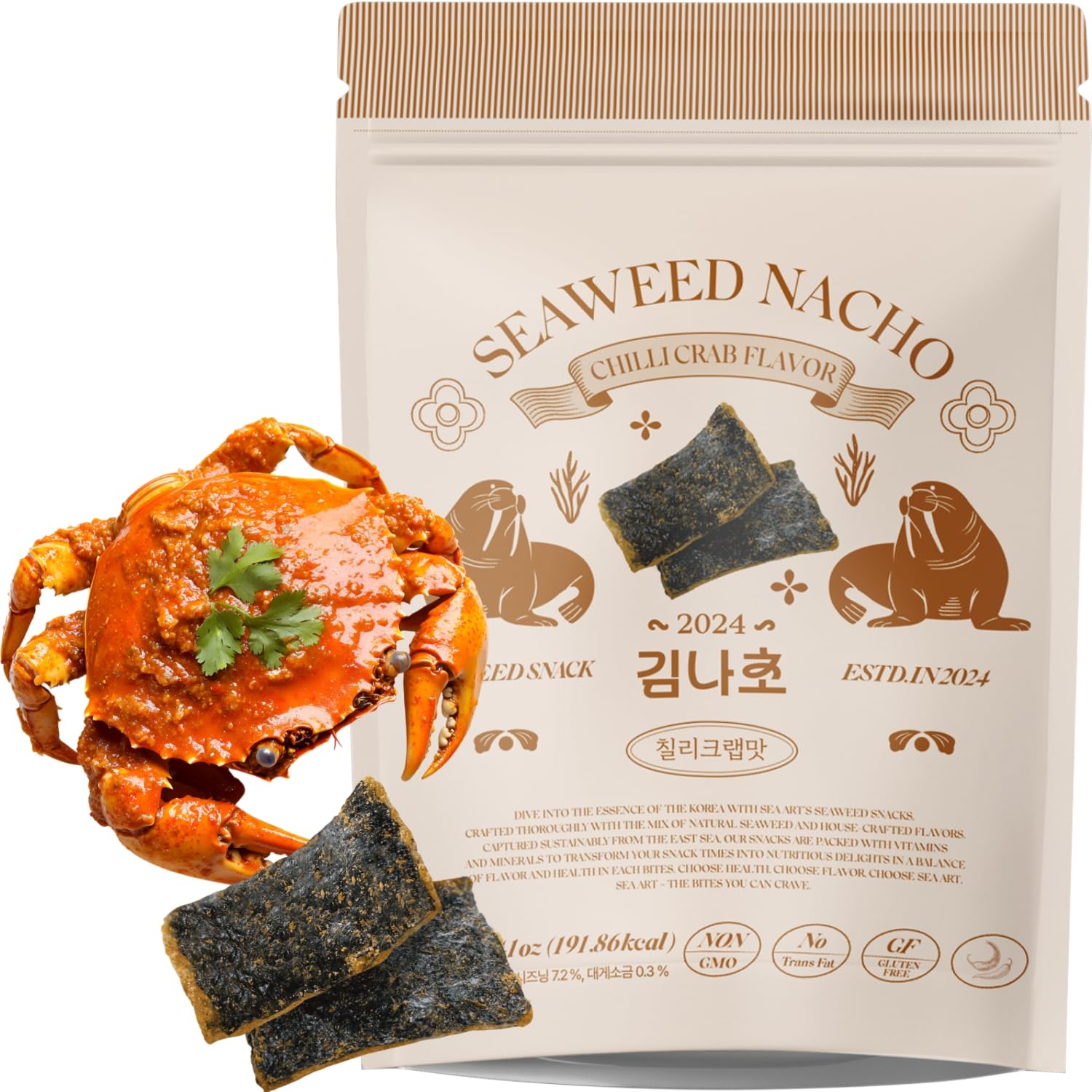 K FOOD Korean Food Chilli Crab Flavored Seaweed Nachos, 40g (1.41oz), Crispy, All-Natural, 100% Vegan