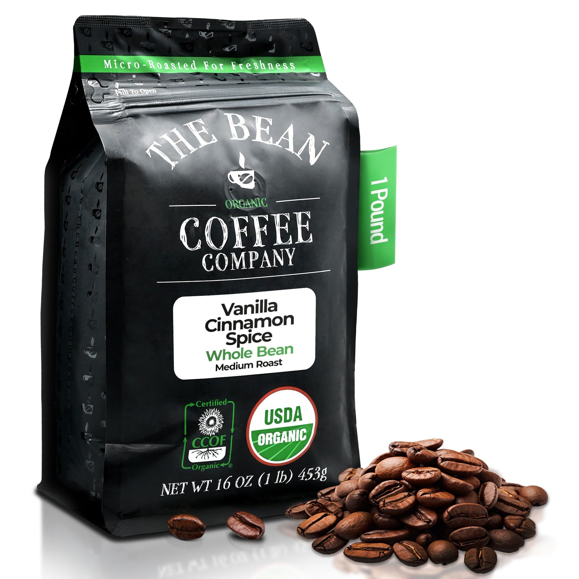 The Bean Organic Coffee Company Holiday Bean (Vanilla Cinnamon Spice), Medium Roast, Whole Bean Coffee, 16-Ounce Bag