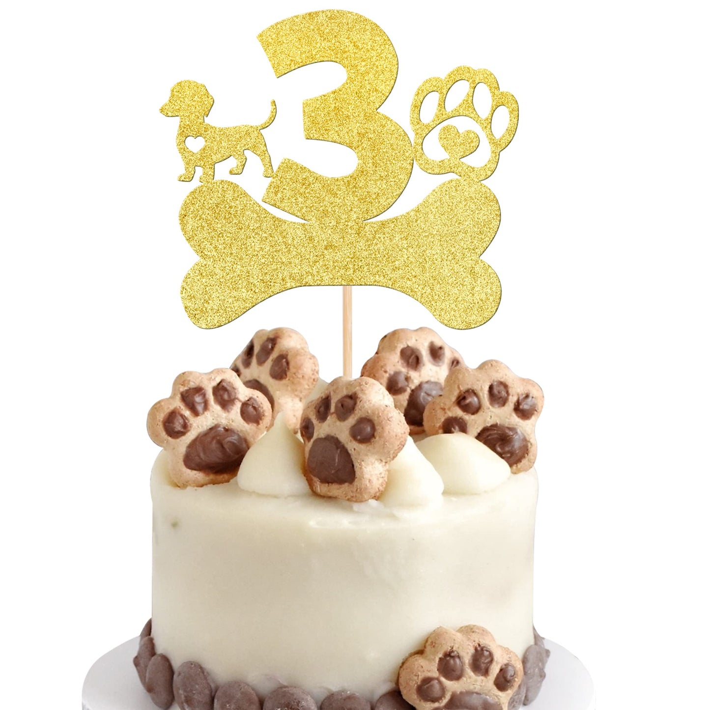 1 PCS 3rd Birthday Cake Topper with Gold Glitter Dog Paw Three Years Old Birthday Cake Pick Puppy Dog Bone Cake Decorations for 