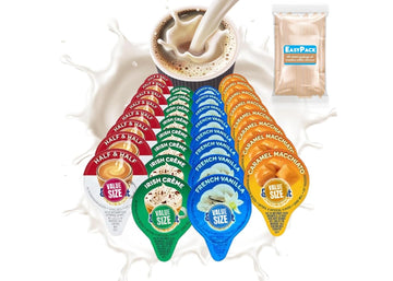 Easypack Coffee Creamer Liquid Singles Delight Caramel Macchiato, French Vanilla, Irish Cream and Lakes Mini Moo's Half and Half