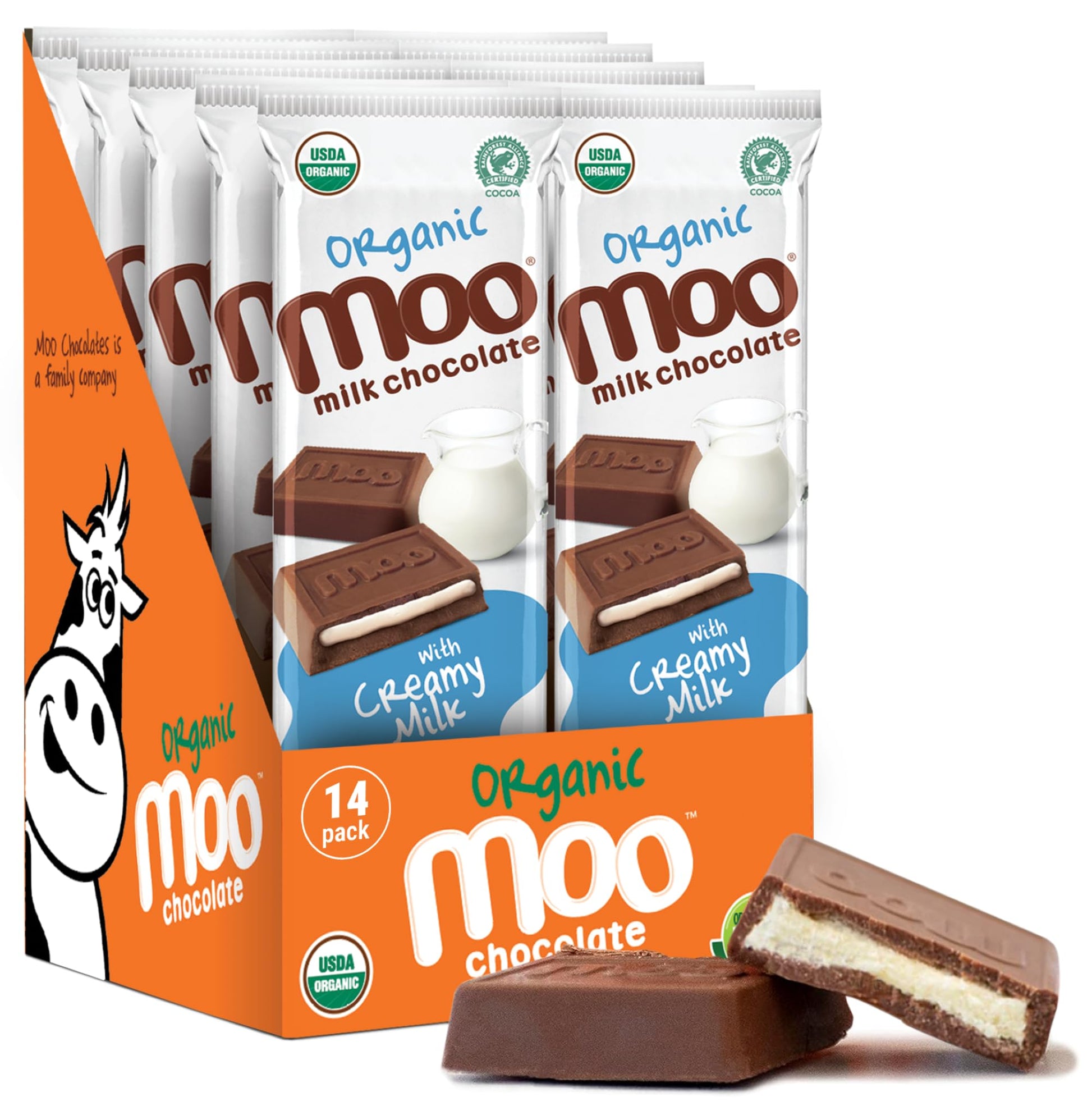MOO CHOCOLATES Organic Milk Chocolate Bars, Creamy Filling, 14 ct, 1.4 oz each, USDA Organic, Non-GMO Snacks