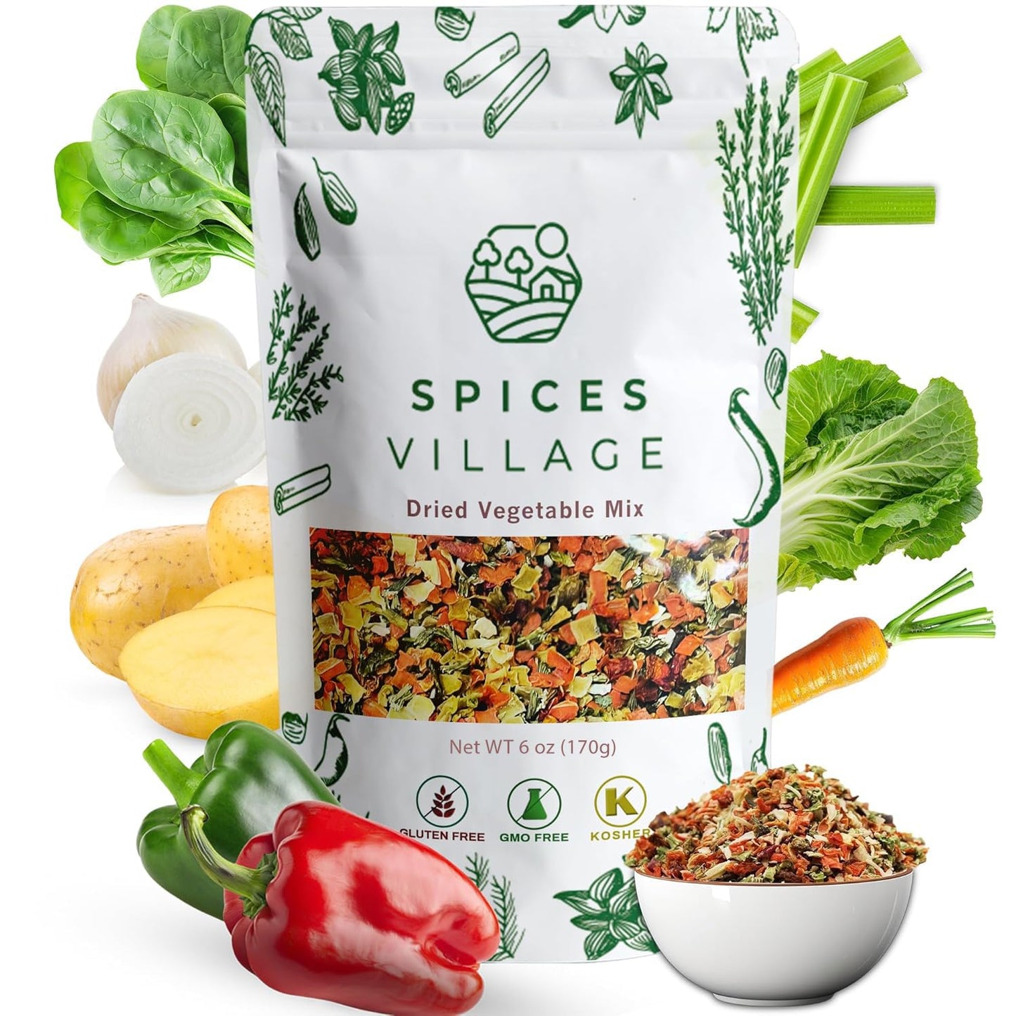 SPICES VILLAGE Dried Ramen Toppings, Dehydrated Vegetables Mixed Vegetables Flakes, 6 oz, Mix of Carrot, Onion, Red & Green Bell
