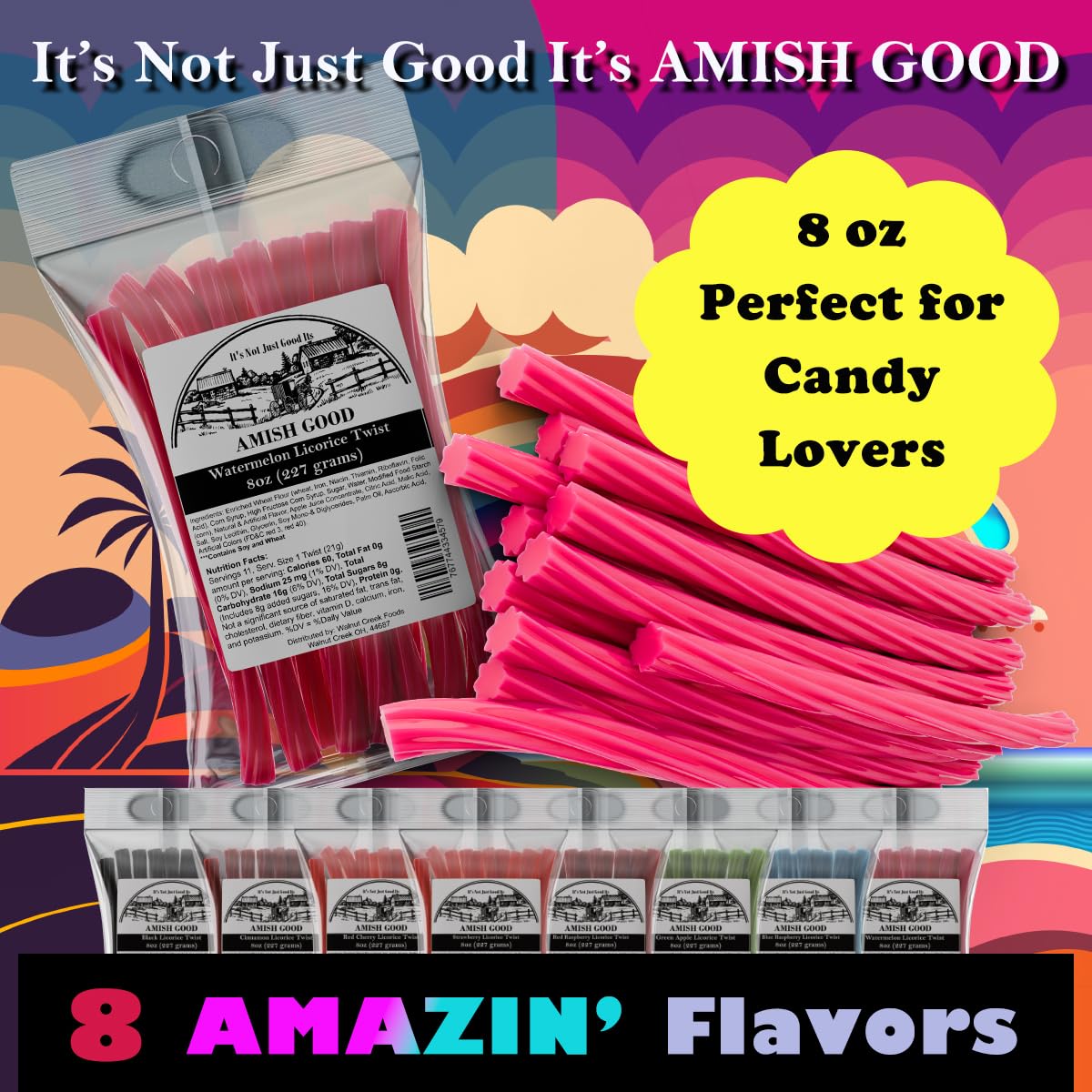 Amish Good Gourmet Licorice Twist Candy - Premium Sweet & Chewy Treat, Watermelon Jumbo Licorice Twist Perfect Snack Under 100 C