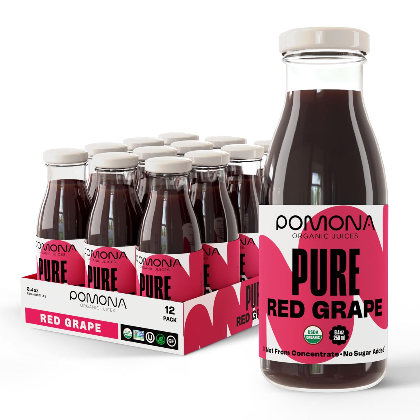 Pomona Organic Juices Pure Grape Juice, 8.4 Ounce Bottle (Pack of 12), Cold Pressed Organic Juice, Non-GMO, No Sugar Added, Not