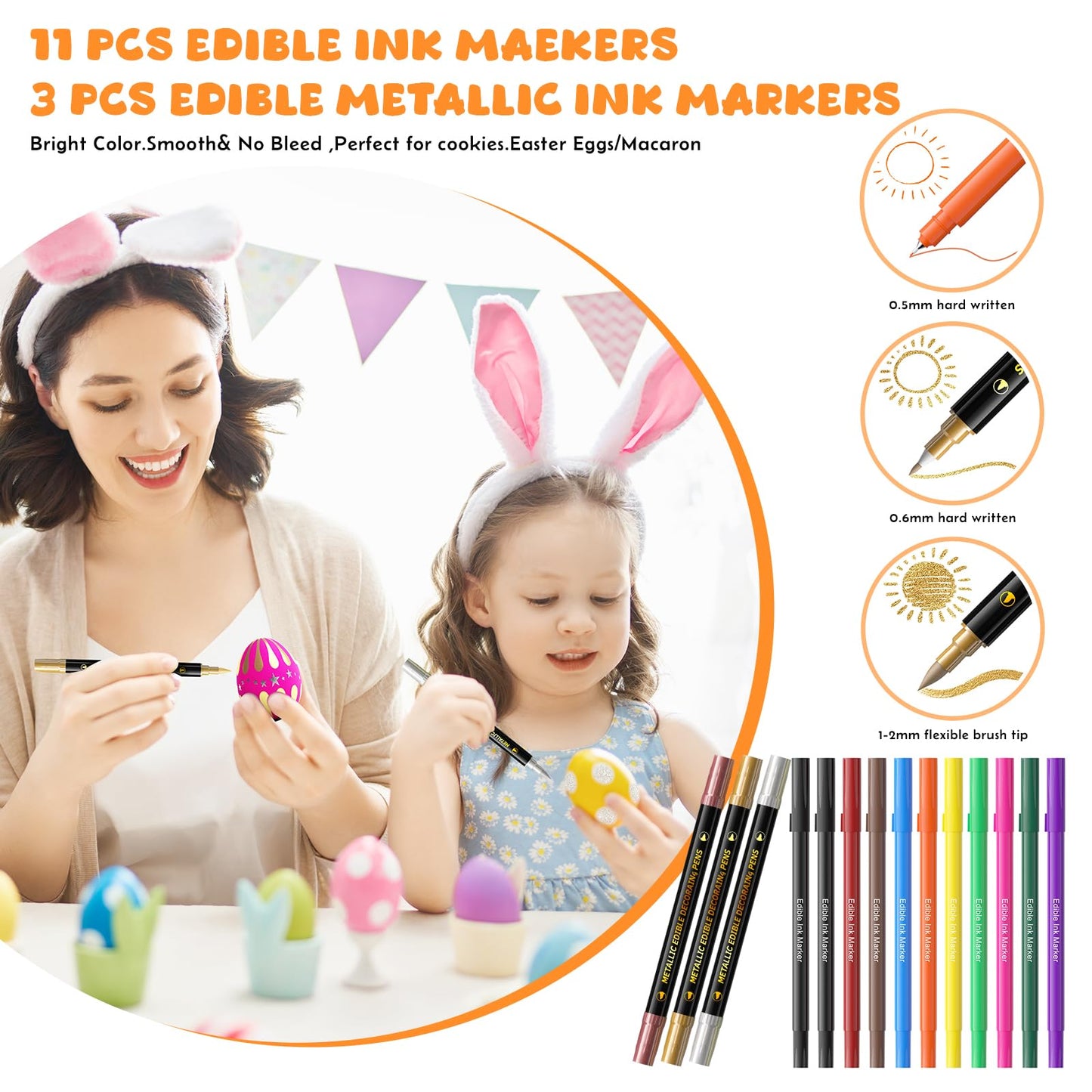 Jewem Edible Markers For Cookie Decorating,14 Pcs Ultra Fine Tip(0.5Mm) Food Coloring Pens, Upgrade Double Side Food Grade Pens For Decorating Fondant Cakes, Easter Eggs, Frosting, Macaron