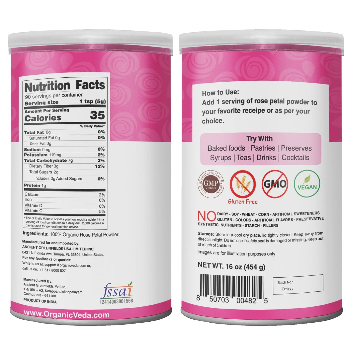 Organic Veda Edible Rose Petal Powder - 16oz - Vegan, Gluten-Free, for Cooking, Herbal Tea, Smoothies, DIY Face Masks