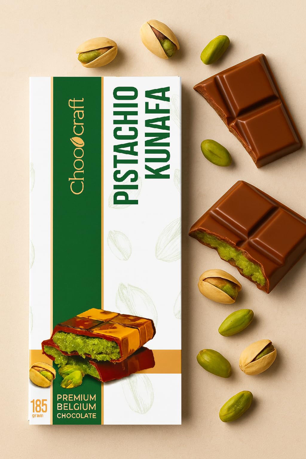 Chococraft enhanced Dubai Chocolate Kunafa Pistachio (The Original)  6.53oz - 185 grams - Imported from DUBAI UAE  Ideal Gift for all Occasions  100% Original Taste! (BIG-6.53oz)