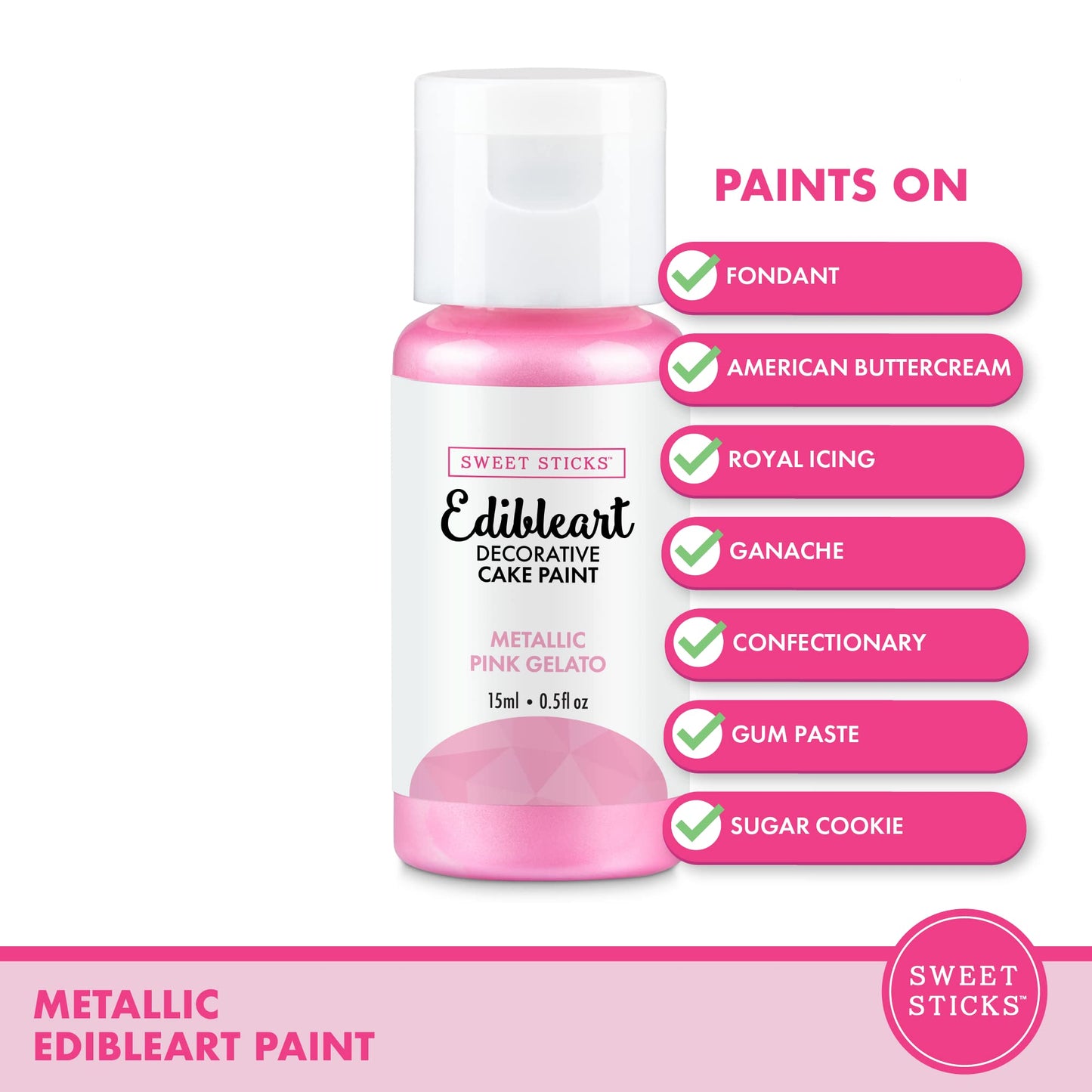 SWEET STICKS Edible Art Cake Paint, Metallic Pink Gelato, 0.5 Fl Oz