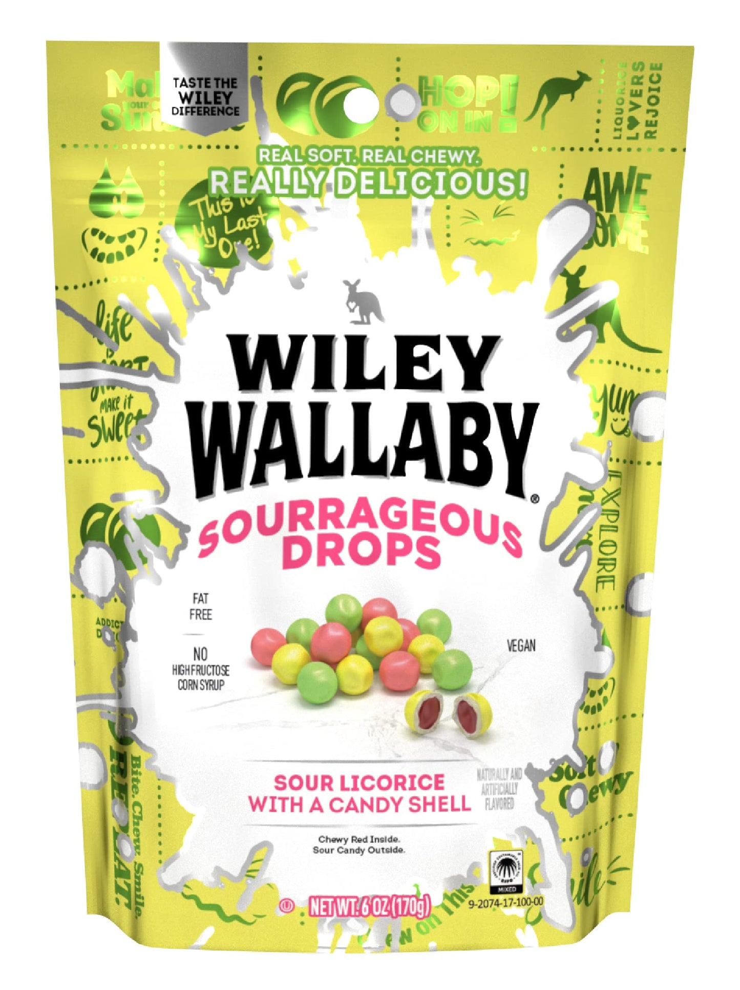 Wiley Wallaby 6 Ounce Sourrageous Drops Mix Of Watermelon, Green Apple And Lemon Soft & Chewy Licorice With A Candy Shell, 1 Pac
