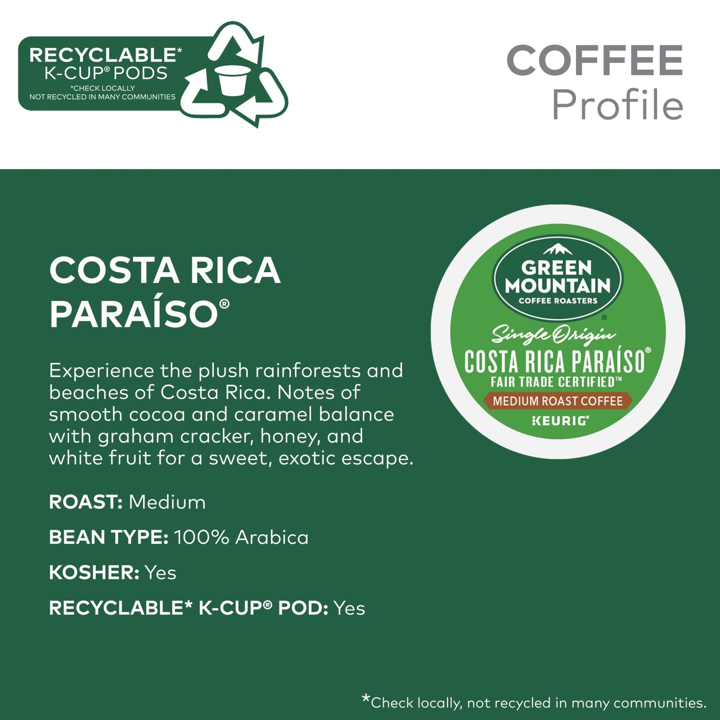Green Mountain Coffee Roasters Costa Rica Paraiso, Keurig Single Serve K-Cup Pods, Medium Roast Coffee, 60 Count, (6 Packs Of 10)