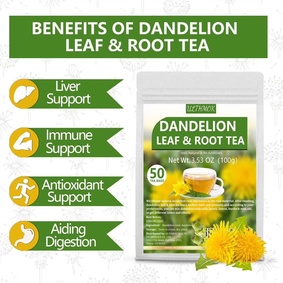 ULTHMOK Premium Dandelion Leaf & Root Tea, Caffeine Free, 50 Tea Bags, 3.53 Oz, Supports Digestion & Immune System