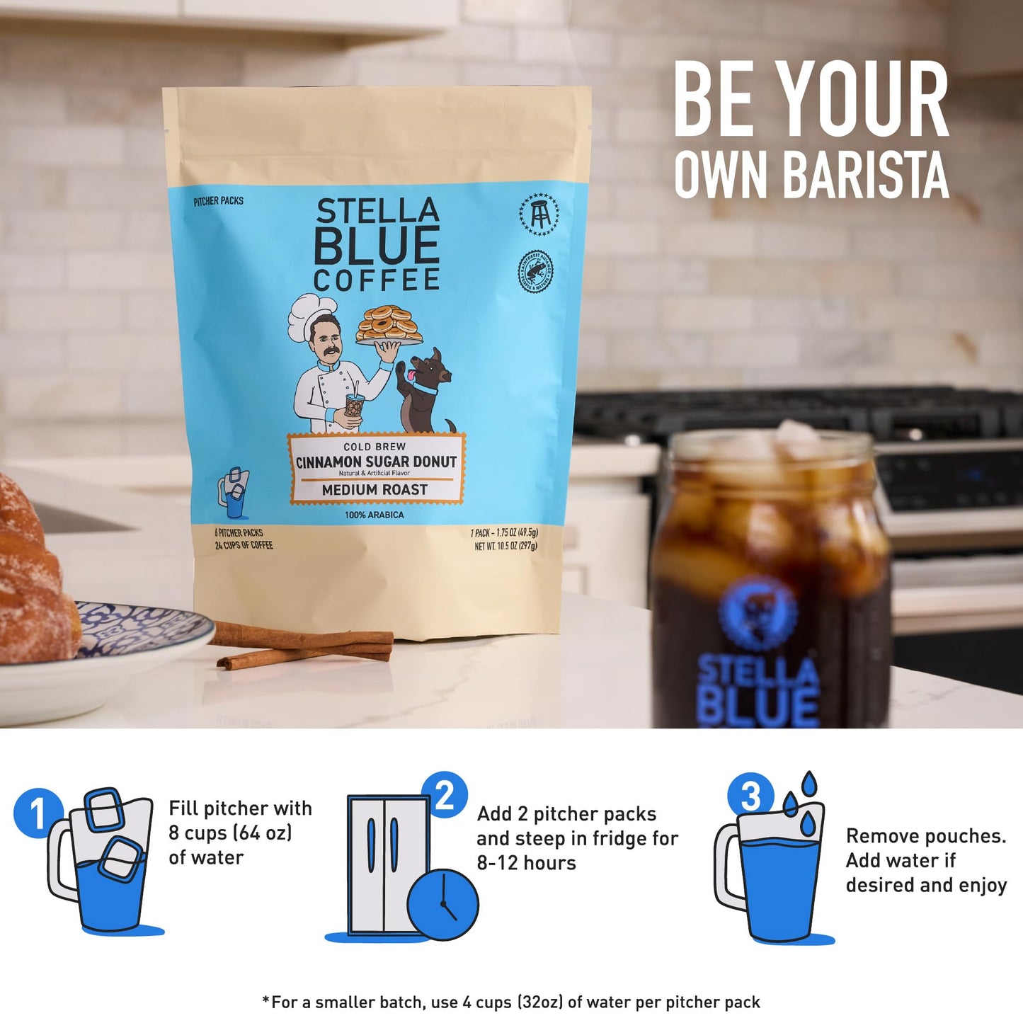 Stella Blue Cold Brew Coffee Bags  Cinnamon Sugar Donut  Medium Roast Ground Coffee  Smooth  Bold and Refreshing 100% Arabica  6 Brew Packets  Makes 24 Cups  Rainforest Alliance Certified