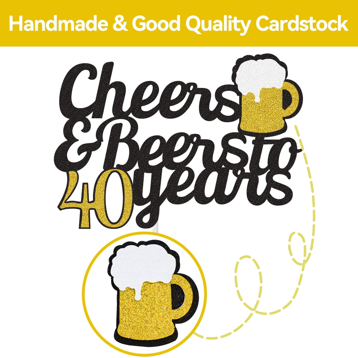 Joymee Cheers to 40 Years Cake Topper, Black and Gold Glitter, Double-Sided Birthday Party Decorations