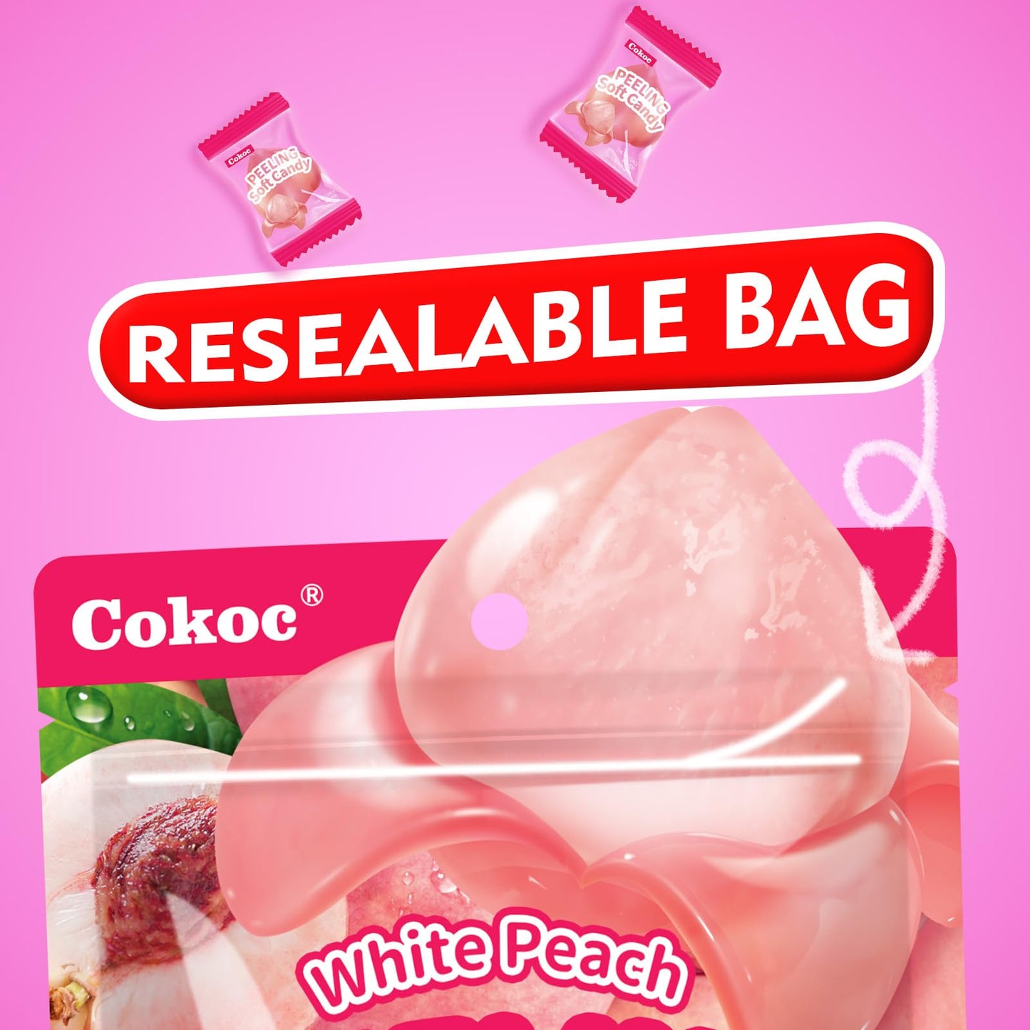COKOC Peelable Gummies Peach - Individual Packaging, 2.64oz Bag, Fruit Candy, Pack of 3