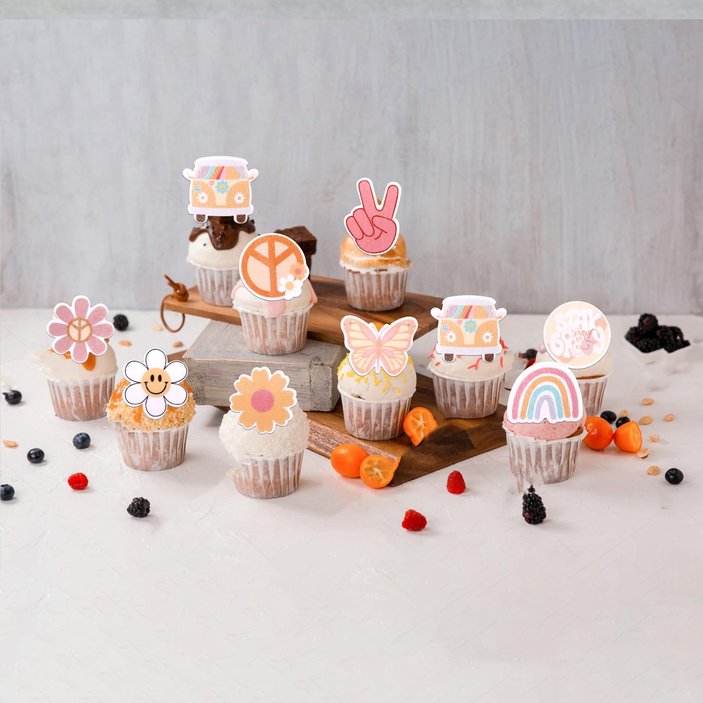 63 Pcs Edible Hippie Party Cupcake Toppers Peace Sign Hand Butterfly Two Groovy Cupcake Picks Dasiy 60S Retro Boho Cake Decorati