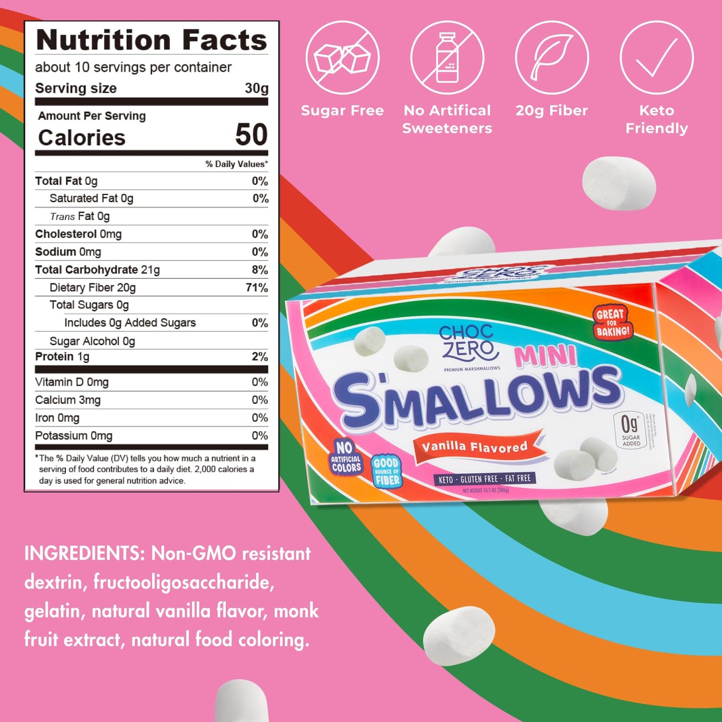 Choczero Healthy Mini Marshmallows - Sugar Free Marshmallow Snack - Keto Friendly, Low Carb Baking - 10.5 Ounce Box