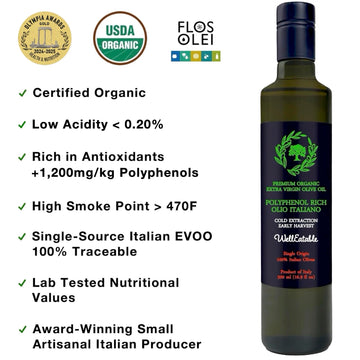WellEatable Organic Extra Virgin Olive Oil, Polyphenol Rich, 16.9 fl oz, Early Harvest from Italy, Green